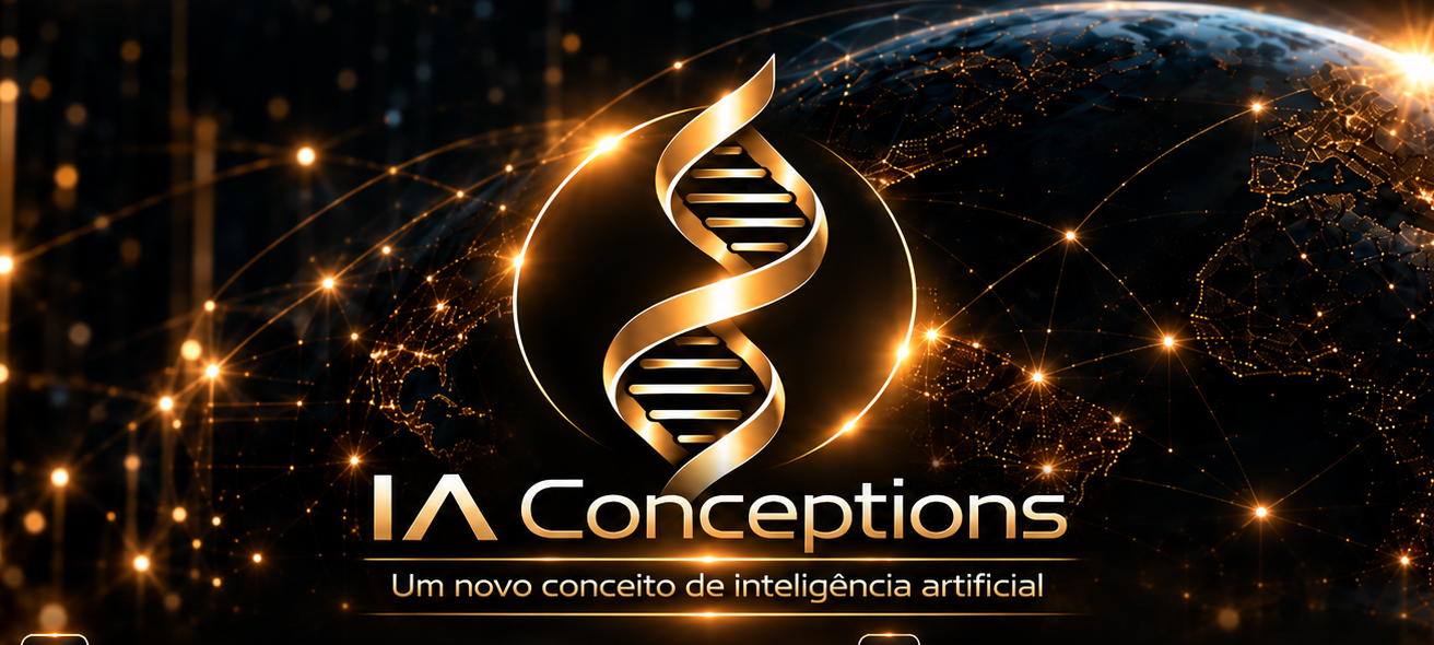 Marca institucional IA Conceptions com elemento dourado de DNA e globo